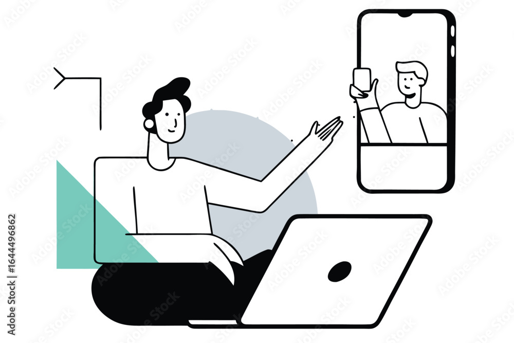 Man communicating with another person through video call on laptop and smartphone Man communicating with another person through video call on laptop and smartphone
