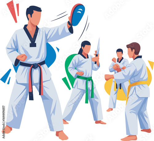 Martial arts training, taekwondo students in action, practicing various techniques.