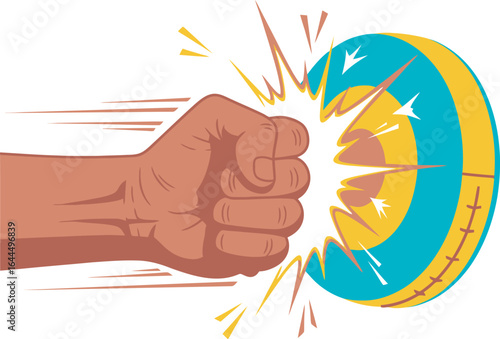 A clenched fist strikes a target, creating a burst of energy and impact.