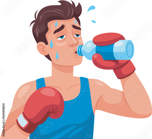 Tired boxer in red gloves drinking water from a plastic bottle after a workout, sweating.