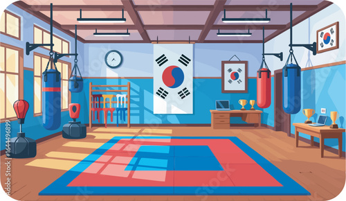 Interior illustration of a Taekwondo dojo, featuring training equipment and Korean flag.