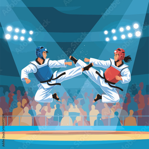 Two Taekwondo athletes fiercely compete in a dynamic mid-air clash during a stadium match, illuminated by bright spotlights before a cheering crowd.