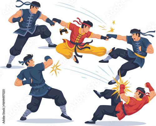 Five cartoon figures engaged in a dynamic martial arts fight, showing action and impact.
