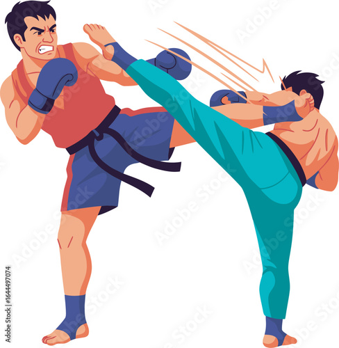 Two male figures engaged in a dynamic martial arts fight, executing kicks and punches.