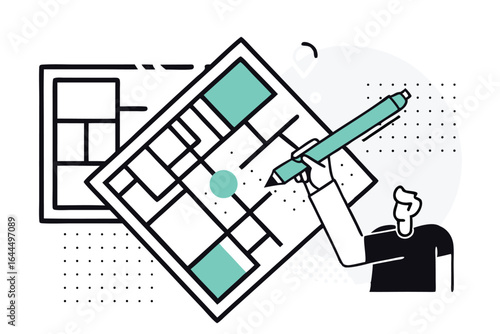 Architectural plan with person drawing on blueprint for building design