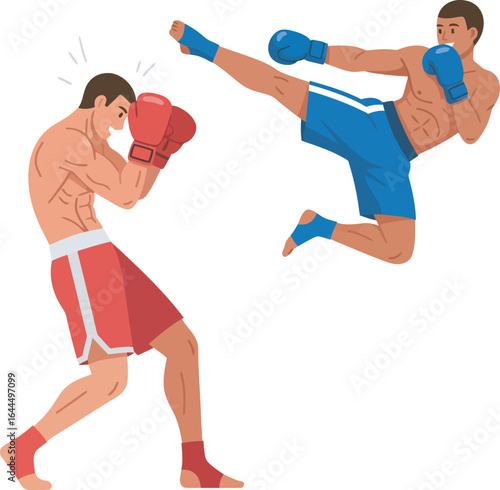 Two male fighters engaged in a kickboxing match, one landing a kick to the head of the other.