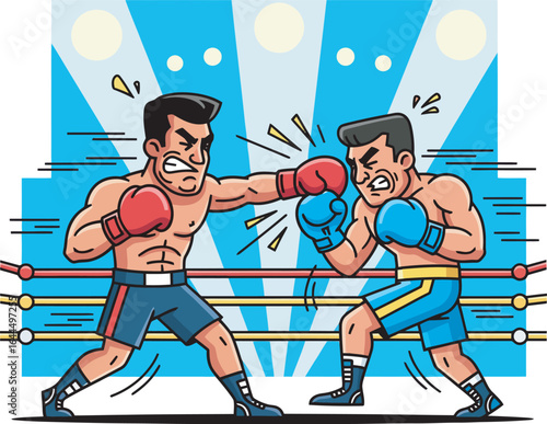 Two boxers fiercely clashing in a boxing ring, delivering powerful punches in a dynamic match.