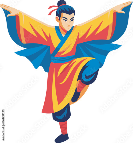 A stylized illustration of a martial artist performing a dynamic pose with arms outstretched.