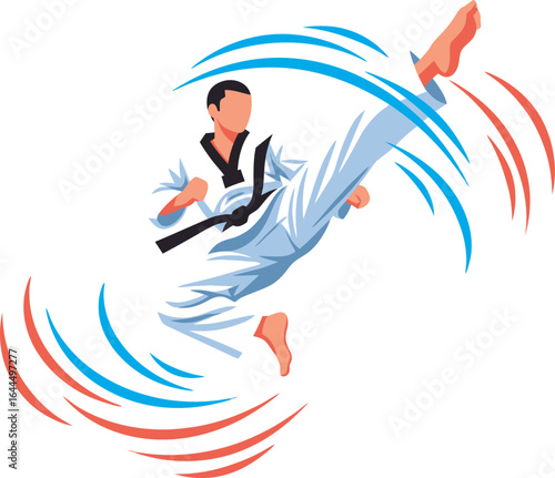 An illustration of a martial artist in a white uniform executing a dynamic flying kick with blue and red motion lines.