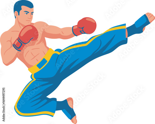 A male martial artist performing a powerful kick in a dynamic pose.