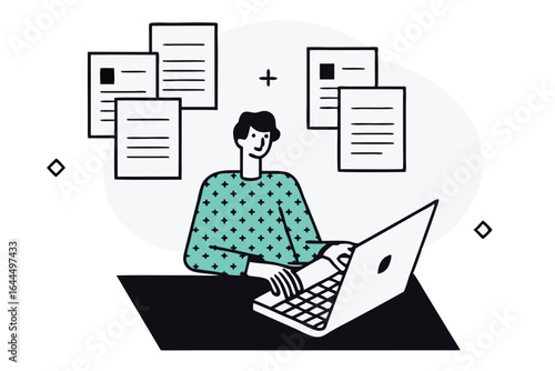 Man working on laptop with documents and data analysis