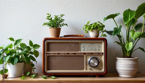 retro radio mockup with green houseplants, no people