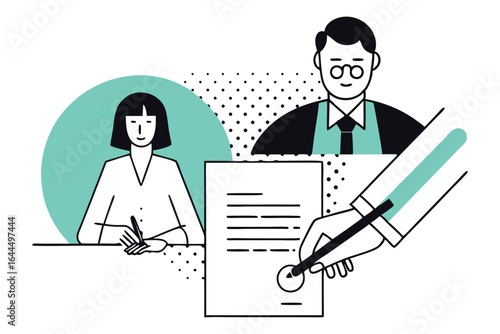 Business partners signing a contract agreement with a lawyer overseeing the process