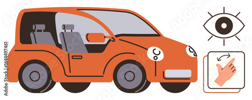 Orange car with visible seats, eye representing visual recognition, hand gesture icon for control. Ideal for technology, autonomy, safety, innovation, transportation AI future concepts. A simple