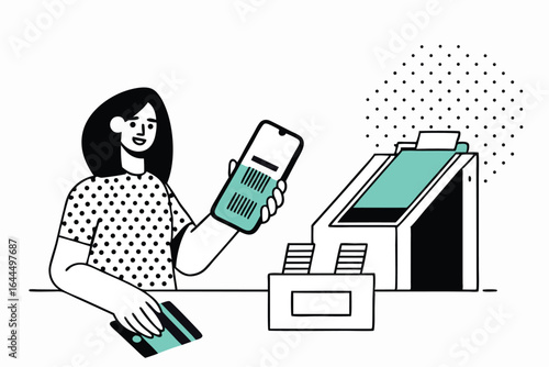 Woman using mobile phone for contactless payment at a self service kiosk