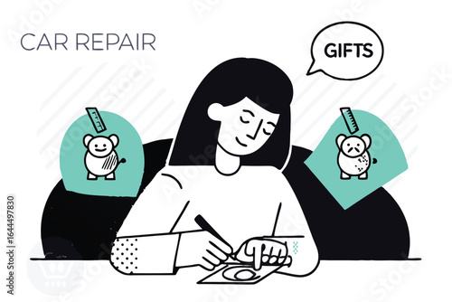 Woman writing a thank you note for car repair service and receiving gifts
