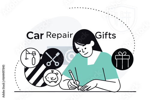 Woman planning car repair budget and considering gift options