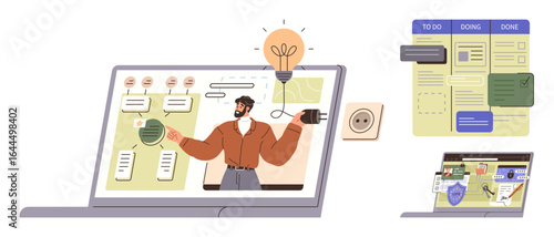 Businessman holding plug and lightbulb, presenting workflow visuals on a laptop. Additional panels show a simplified Kanban board and collaboration. Ideal for teamwork, innovation, planning