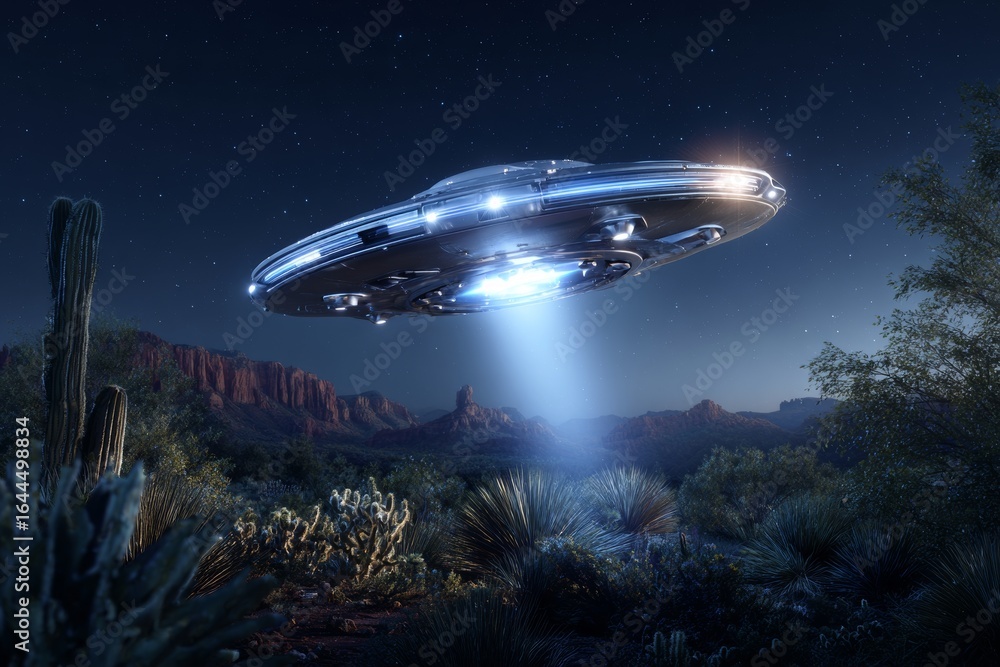 Obraz premium A futuristic flying saucer hovering above the desert landscape on World UFO Day is illuminated by beams of light, crafting an atmosphere of exploration and wonder