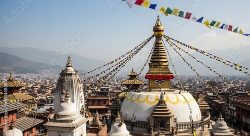 Swayambhunath Stupa with prayer flags overlooking Kathmandu city, Nepal.