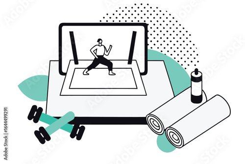 Person exercising at home with online fitness class on laptop and equipment