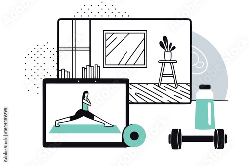 Sketch of a woman doing yoga on a tablet with home gym equipment and a window view