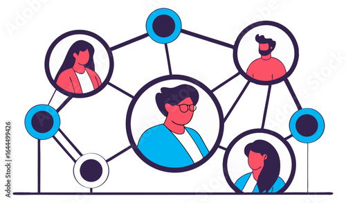 An illustration depicting a network of interconnected people represented by circular portraits linked by lines and nodes, symbolizing social networking, communication, relationships, and community.