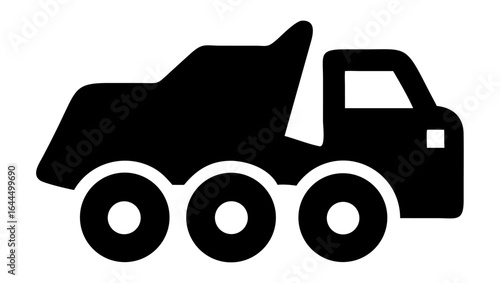 A simple, black silhouette icon of a dump truck, commonly used to represent construction, hauling, or transportation.