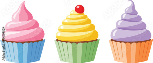 Three cupcakes with different frosting colors and decorative paper liners