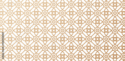 Seamless geometric rounded shape pattern based on traditional islamic art golden color lines isolated white backgrounds for fabric, textile, cover, wrapping paper, Simple lattice graphic designs