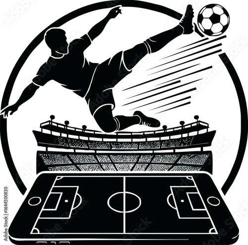A dynamic black and white illustration depicting a soccer player in mid-air executing a bicycle kick above a stadium and a smartphone displaying a soccer field.