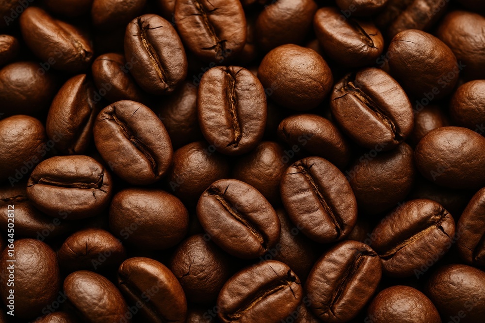 Fototapeta premium Roasted coffee bean texture, macro close-up of rich brown beans with detailed surface and natural sheen, realistic high detail background for beverage and cafe themes
