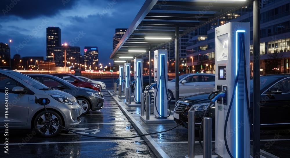 Obraz premium Electric Vehicle Charging Station at Night: Urban Electromobility