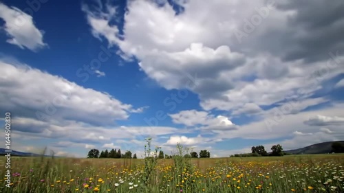 Sunny meadow with fluffy clouds