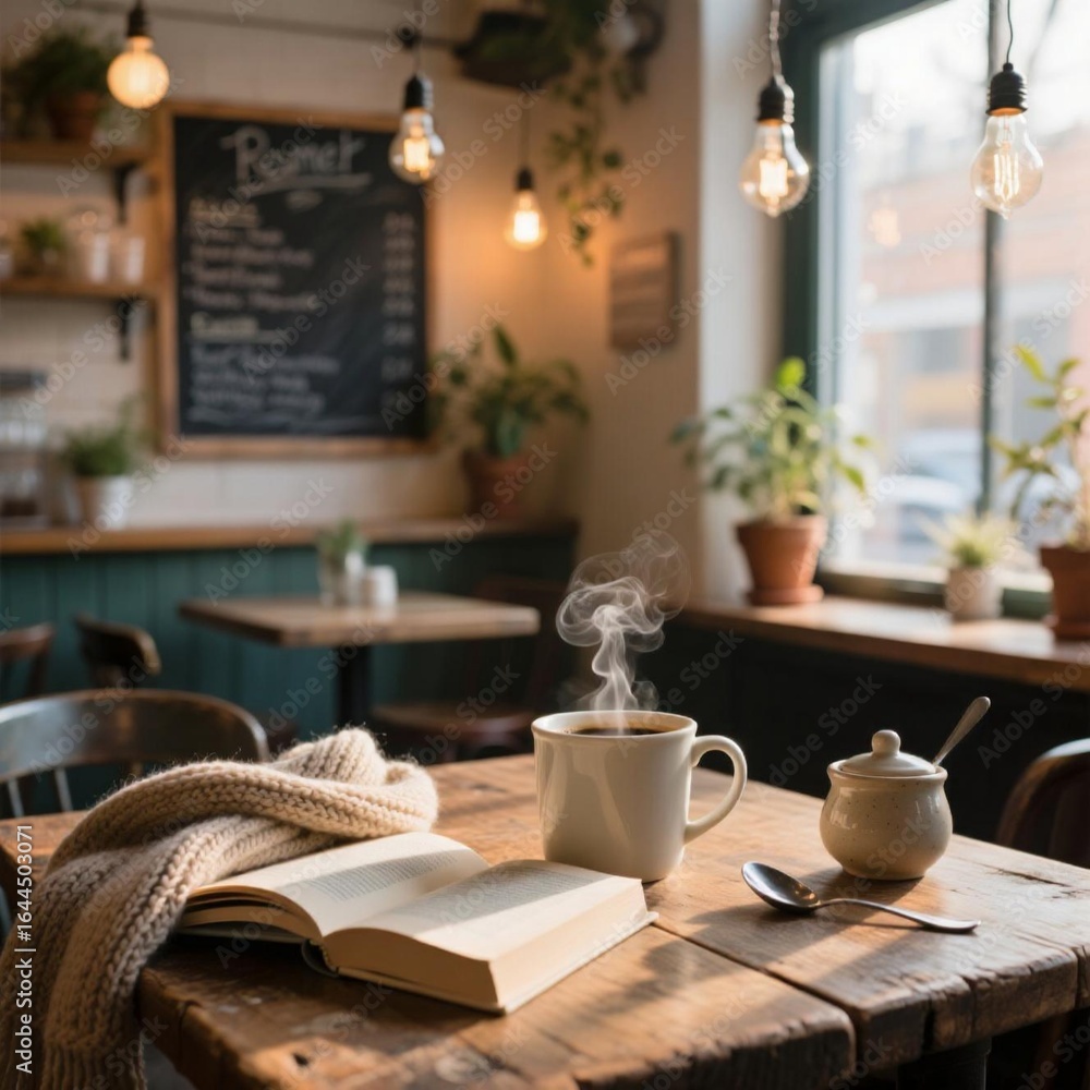 Fototapeta premium Cozy Cafe Scene with Steaming Coffee, Book, and Knitted Scarf – Warm and Inviting Atmosphere A warm and inviting café setting featuring a wooden table with a steaming cup of coffee, an open book, and 