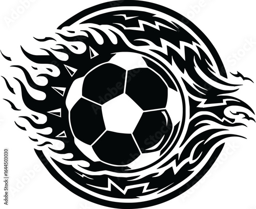A dynamic black and white illustration of a soccer ball engulfed in tribal-style flames.