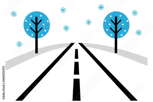 Snowy road with stylized trees and falling snowflakes winter driving