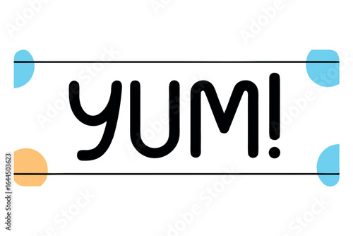 Black text YUM with colored dots inside a black bordered rectangle word lettering