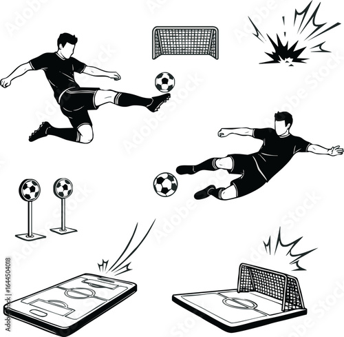Black and white illustration featuring soccer players kicking balls, a goal, and a mobile phone with a soccer field on the screen.