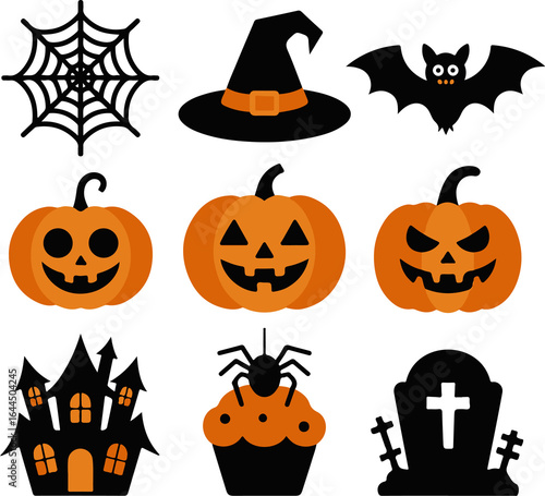 Spooky Halloween illustrations with pumpkin faces, haunted house, witch hat, and tombstone for holiday party decorations