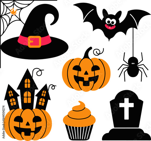 Spooky Halloween icons collection with witch hat, pumpkins, bat, spider, cupcake and tombstone for festive season
