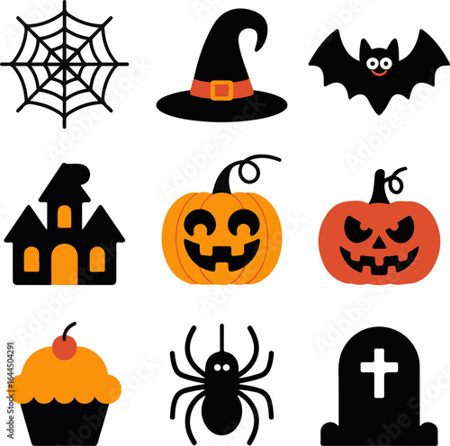 Spooky Halloween icon set featuring pumpkins, bats, spiders, haunted house, and candy for holiday themed designs and templates