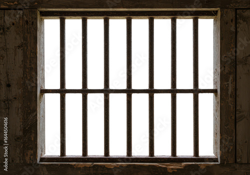 Old wooden prison window with iron bars and transparent background