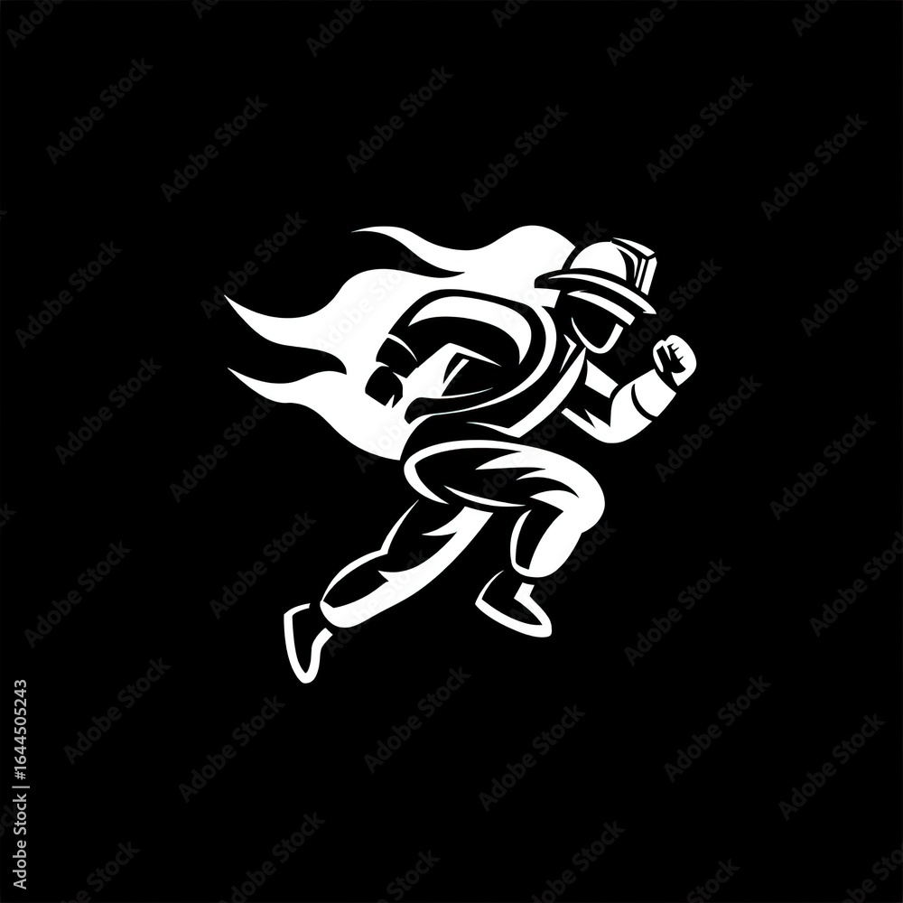 Obraz premium Silhouette of a firefighter running with flames, rendered in white on a black backdrop