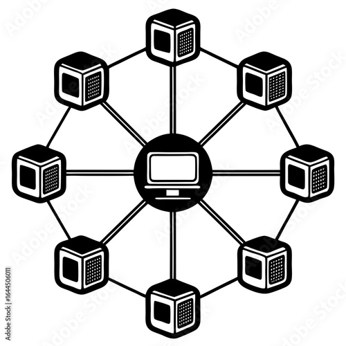 Abstract Network: Central Server and Connected Nodes, Monochrome, Technology Concept