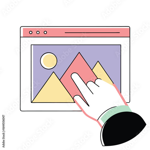 Hand touching mountain landscape on screen vector