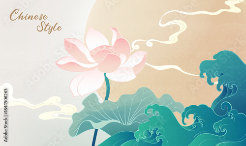 Chinese style horizontal illustration with lotus flowers, waves and a full moon background