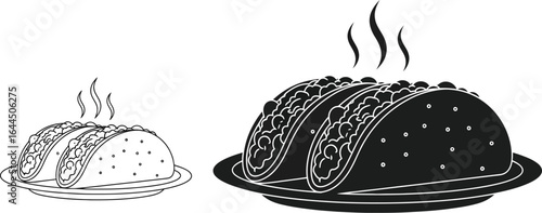 Two plates of tacos one in black and white and one in outline illustration