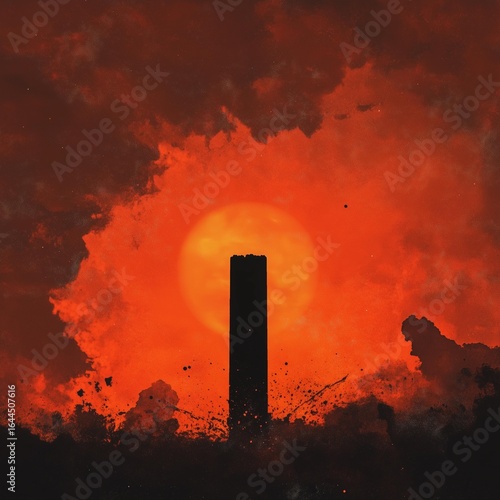 Dark Silhouette of a Gas Pillar Against a Bright Red and Orange Sunset Sky