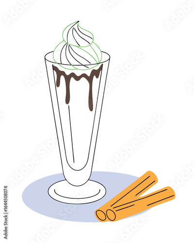 Stylized illustration of creamy dessert with chocolate drizzle and cinnamon sticks glass
